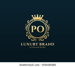 PO Initial Letter, Gold text with feminine floral hand drawn heraldic monogram, Antique vintage style luxury logo design.