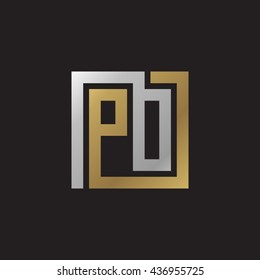 PO initial letters looping linked square elegant logo golden silver black background