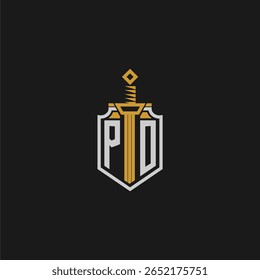 PO monograma inicial para imagem de escudo e espada