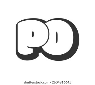 PO logo, bubble comic lettering, rounded in graffiti style black and white silhouette. Trendy preschool P and O letter text for festival party, personal initials, children funky print and web. 