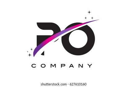 PO P O Black Letter Logo Design with Purple Magenta Swoosh and Stars.
