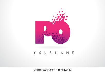PO P O Letter Logo with Pink Letters and Purple Color Particles Dots Design.