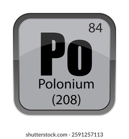 Po Polonium 208. Number 84 text. Gray chemical tile. Vector periodic icon.