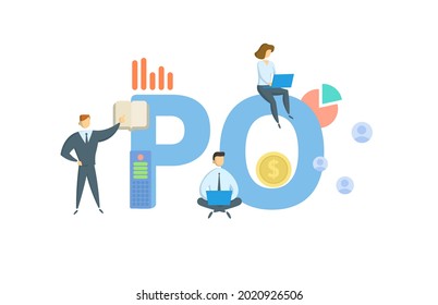 PO, correo, pedido de compra. Concepto con palabras clave, personas e iconos. Ilustración vectorial plana. Aislado en blanco.