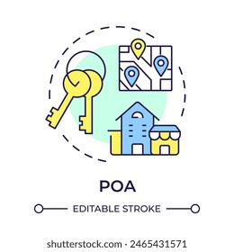 POA-Mehrfarbenkonzept-Symbol. Managementdienstleistungen, Nachlassplanung. In: Neighborhood Administration. Darstellung der runden Formlinie. Abstrakte Idee. Grafikdesign. Einfache Verwendung in Infografik, Präsentation
