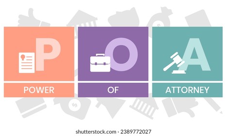 POA, Power of Attorney. Concept with keywords and icons. Flat vector illustration. Isolated on white background.