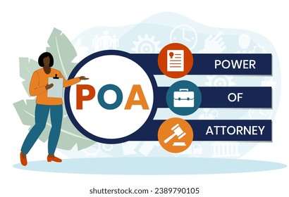 POA, Power of Attorney. Concept with keywords and icons. Flat vector illustration. Isolated on white background.