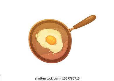 Poached egg on Frying Pan. Vector illustration cartoon flat icon isolated on white. Fresh delicious yellow yolk. Yummy breakfast.