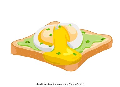 Poached egg on toast. Avocado toast. Fresh delicious egg poached. Healthy wholesome breakfast with toast and egg. Vector illustration isolated on white.  svg