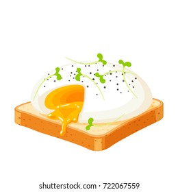 Poached egg on toast with pepper and cress. Vector illustration cartoon flat icon isolated on white.