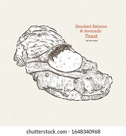 Poached egg on toast, with smoked salmon and avocado, hand draw sketch vector.