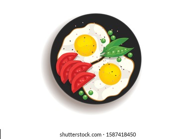 Poached egg with pea and tomato vector Illustration isolated on White Background