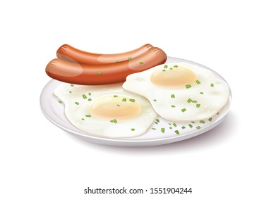 Poached egg and sausage with pepper and cress. Vector illustration isolated on white background