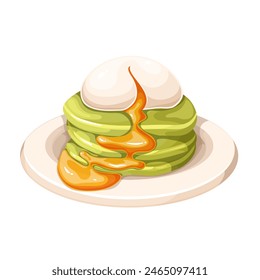 Huevo escalfado y pila de panqueques de calabacín salado, comida de desayuno de dibujos animados. Plato redondo blanco de crepes con pila de panqueques verdes y yema líquida, Ilustración vectorial de buñuelos de mañana gourmet de dibujos animados