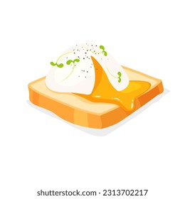 Poached egg toast with seasoning. Delicious healthy breakfast. Delicious open sandwich. Vector illustration in trendy flat style isolated on white.