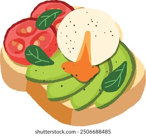 Huevo escalfado con tomate en una rebanada de pan tostado. Tostada de aguacate. Huevo fresco y delicioso escalfado. Desayuno saludable y saludable con tostadas y huevo. Ilustración vectorial aislada en un fondo blanco.