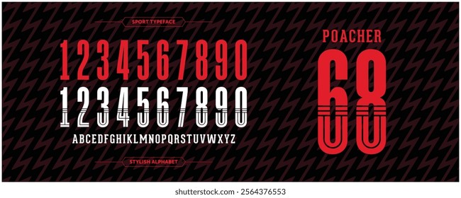 Poacher 68: Striking red numbers with a crisp white outline. Features bold, eye-catching design paired with pure white A-Z characters on a sleek black background. Perfect for standout jersey