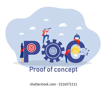 poc or proof of concept with big word or keyword and team business flat  vector illustration