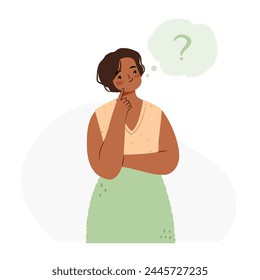 POC woman in a thinking pose, in doubt and looking for solution