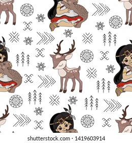 POCAHONTAS DEER Cartoon American Native Culture Seamless Pattern