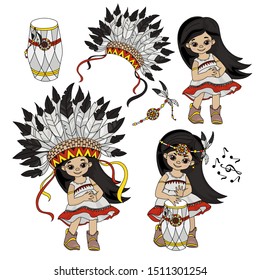 POCAHONTAS SET Indians Princess World Vector Illustration