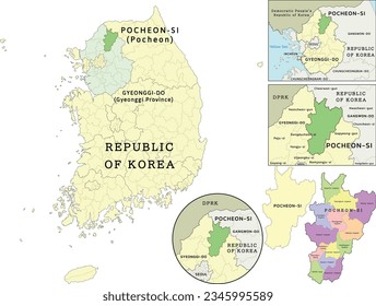 Pocheon-si (Pocheon) location on Gyeonggi-do (Gyeonggi Province) and Republic of Korea (South Korea) map. Clored. Vectored