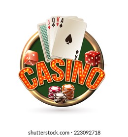 Pocker casino gambling risk chance emblem with dice cards chips vector illustration.