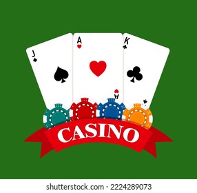 Juego de apuestas de casino de bolsillos con cartas, fichas sobre fondo verde. Banner de casino web en línea. Ilustración del vector