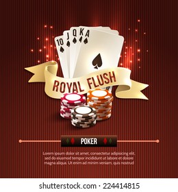 Pocker casino gambling set with cards chips and royal flash ribbon on red background vector illustration