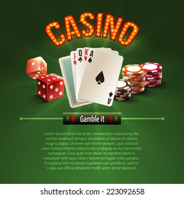 Pocker casino gambling set with dice cards chips on green background vector illustration