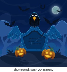 Pocker face raven sitting on stone grave. Cartoon halloween illustration for marketing, print or cover