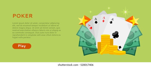 Pocker online games dice casino banners set. Four aces of diamonds spades hearts and clubs. Cards money coins chips. Gambling luck, fortune bet, risk and leisure, jackpot chance. Vector