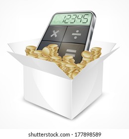 Pocket calculator in box with coins isolated on white background, vector illustration