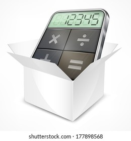 Pocket calculator in box isolated on white background, vector illustration