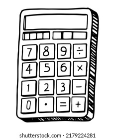 Pocket calculator doodle. Sketch of school supply, finance equipment. Hand drawn vector illustration. Outline clipart isolated on white.