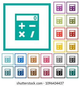 Pocket calculator flat color icons with quadrant frames on white background