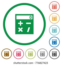 Pocket calculator flat color icons in round outlines on white background