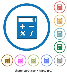 Pocket calculator flat color vector icons with shadows in round outlines on white background
