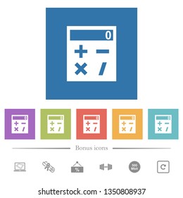 Pocket calculator flat white icons in square backgrounds. 6 bonus icons included.