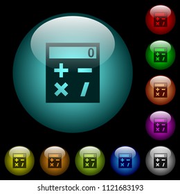 Pocket calculator icons in color illuminated spherical glass buttons on black background. Can be used to black or dark templates