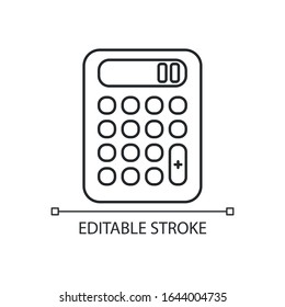 Pocket calculator pixel perfect linear icon. Calculation. Quick counting. Small electronic gadget. Thin line customizable illustration. Contour symbol. Vector isolated outline drawing. Editable stroke