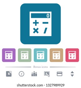 Pocket calculator white flat icons on color rounded square backgrounds. 6 bonus icons included