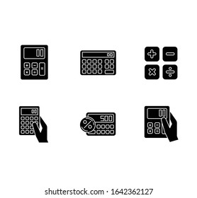 Pocket calculators black glyph icons set on white space. Mathematical calculation. Quick counting. Small electronic gadgets. Accounting. Finance. Silhouette symbols. Vector isolated illustration