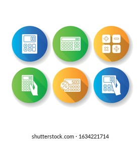 Pocket calculators flat design long shadow glyph icons set. Mathematical calculation. Quick counting. Small electronic gadgets. Accounting. Finance. Mobile devices. Silhouette RGB color illustration