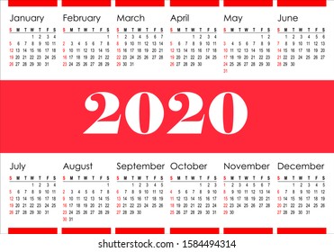 Pocket calendar (100x70 mm) for 2020Y in the American style without holidays