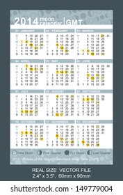 Pocket Calendar 2014 with Phases of the moon, vector, start on Monday SIZE: 2.4" x 3.5",  60mm x 90mm