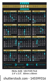 Pocket Calendar 2014, vector, start on Sunday with Phases of the moon/ GMT REAL SIZE  VECTOR FILE: 2.4" x 3.5",  60mm x 90mm