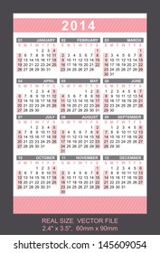 Pocket Calendar 2014, vector, start on Sunday SIZE: 2.4" x 3.5",  60mm x 90mm