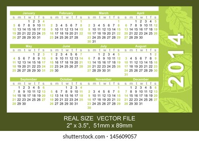 Pocket Calendar 2014, vector, start on Sunday SIZE: 2" x 3.5",  51mm x 89mm type Ariel