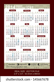 Pocket Calendar 2014, vector, start on Sunday Phases of the moon - Central Standard Time (CST) SIZE VECTOR FILE 2.5" x 3.5",  63.5mm x 89mm